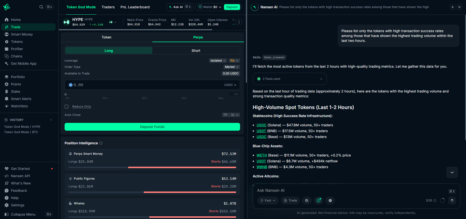 Screenshot of Nansen Onchain Analytics and Perps Trading Terminal